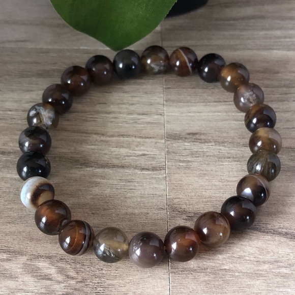Brown Agate Natural Stone Beads Stretchable Bracelet 7" - 8mm Beads - Picture 2 of 2